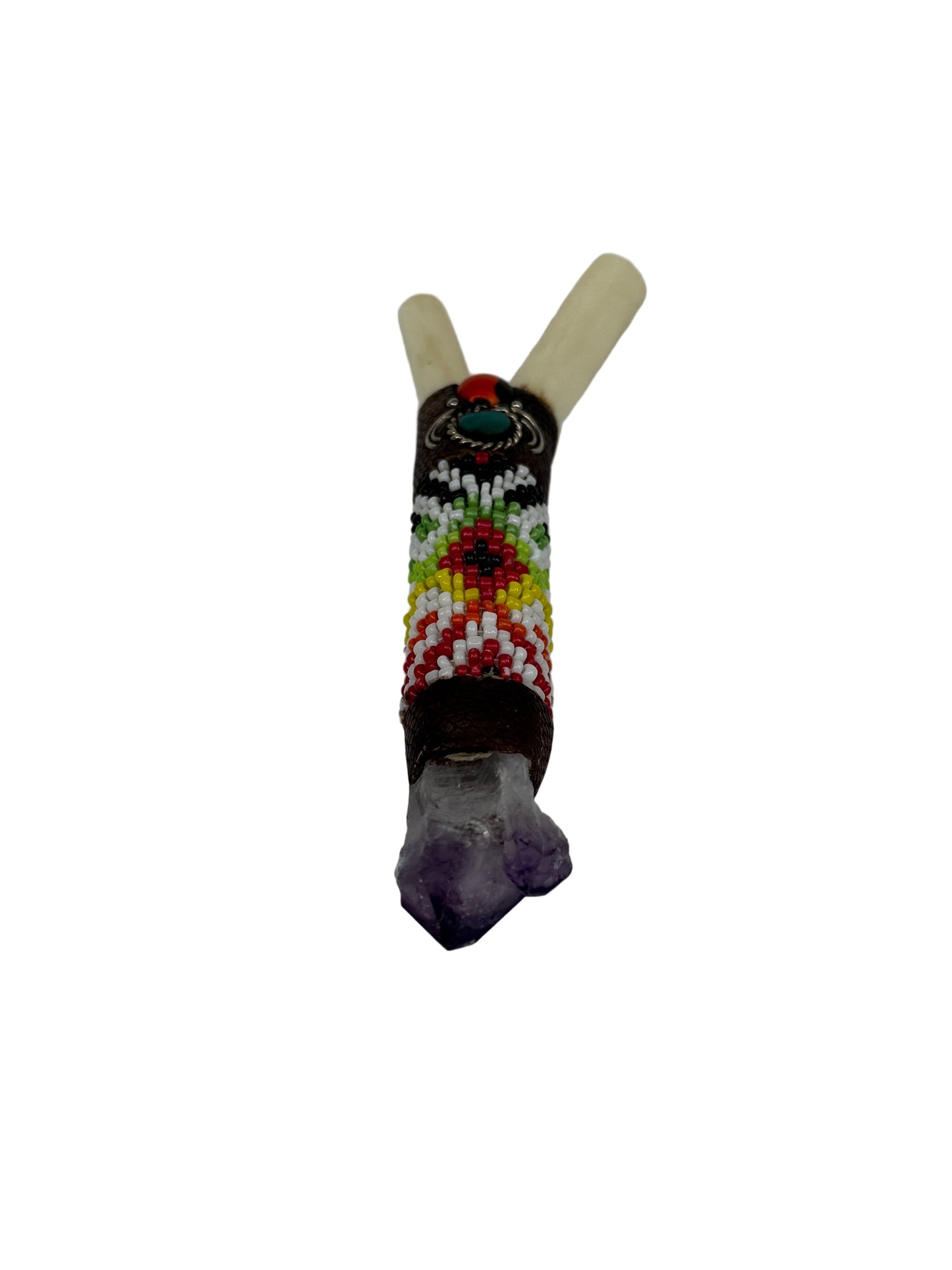 Authentic Shipibo Bone Kuripe with Beadwork & Amethyst