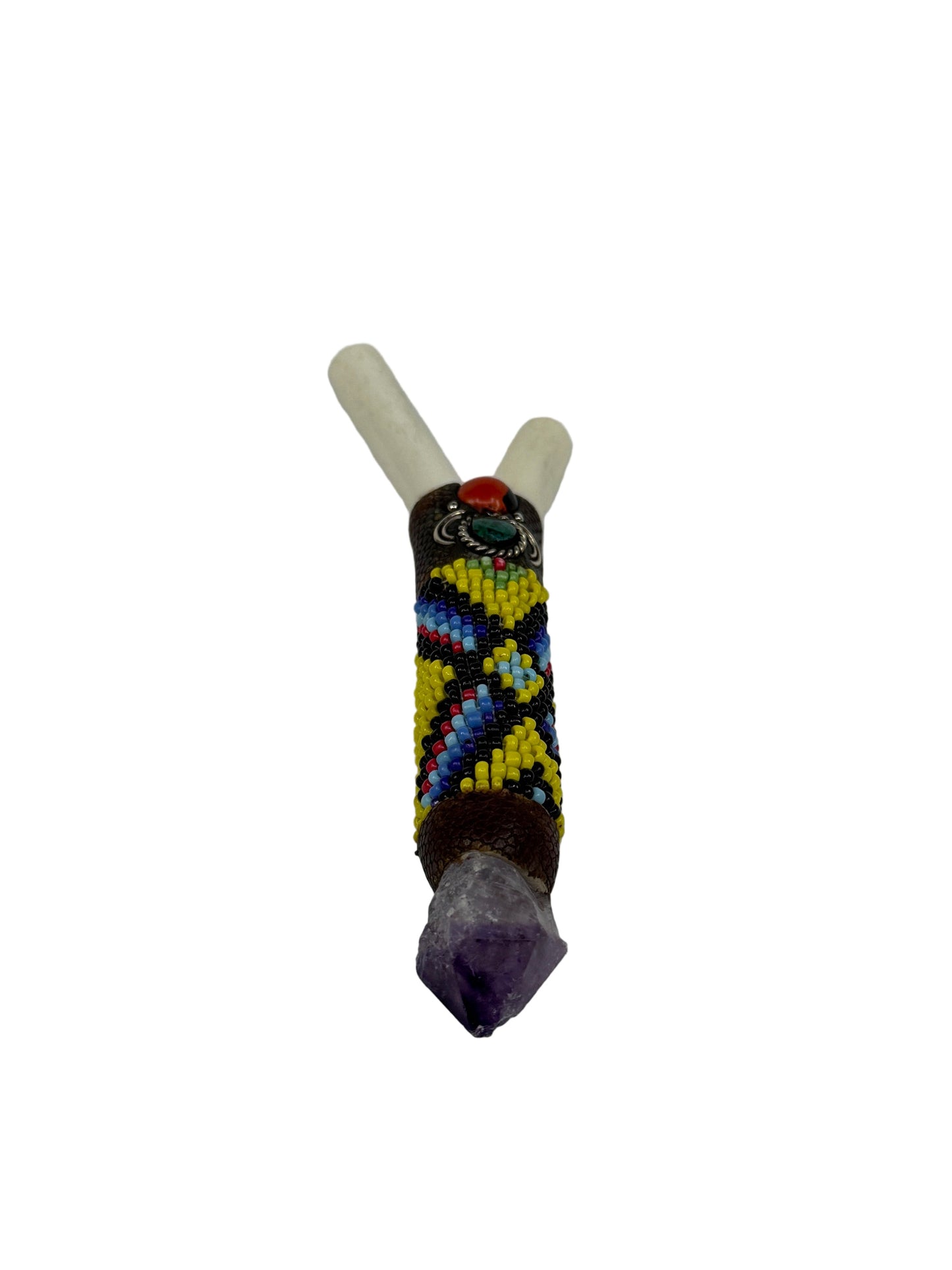 Authentic Shipibo Bone Kuripe with Beadwork & Amethyst