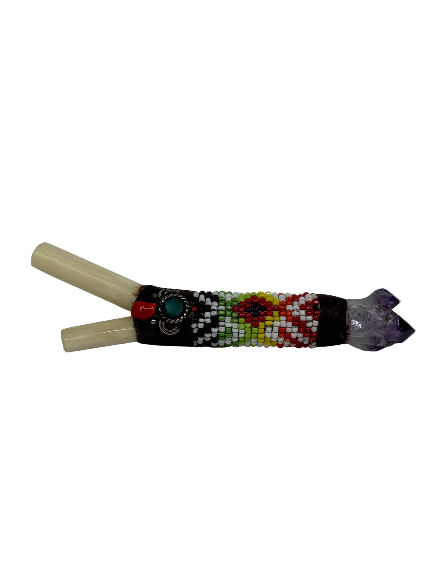 kuripe with beads and a crystal on a white background