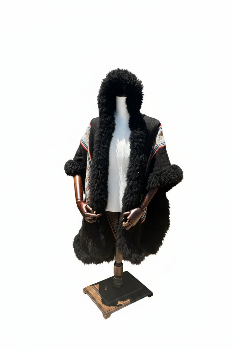 Handwoven Alpaca Fur Trimmed Ruana - Katukina.US KAT6253