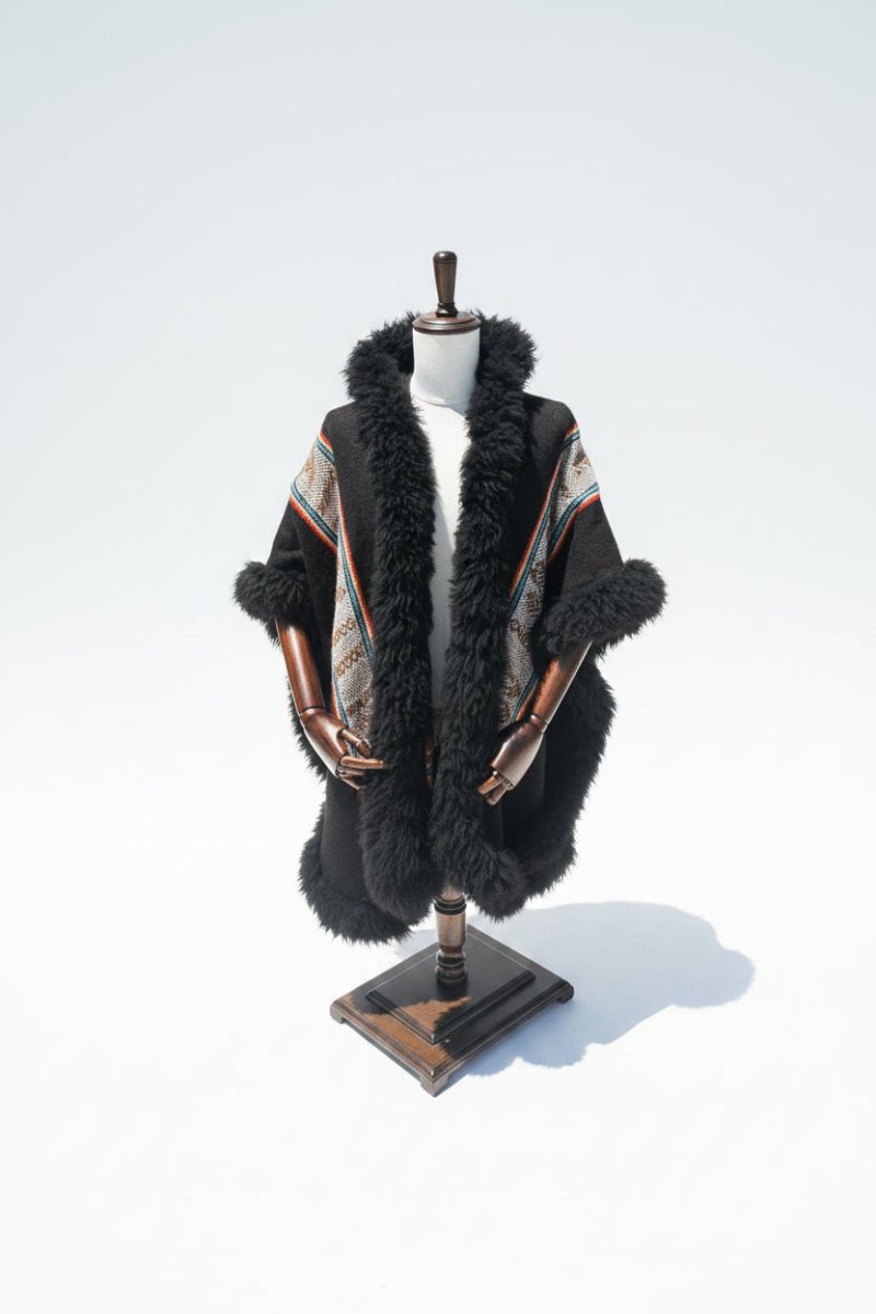Handwoven Alpaca Fur Trimmed Ruana - Katukina.US KAT6253