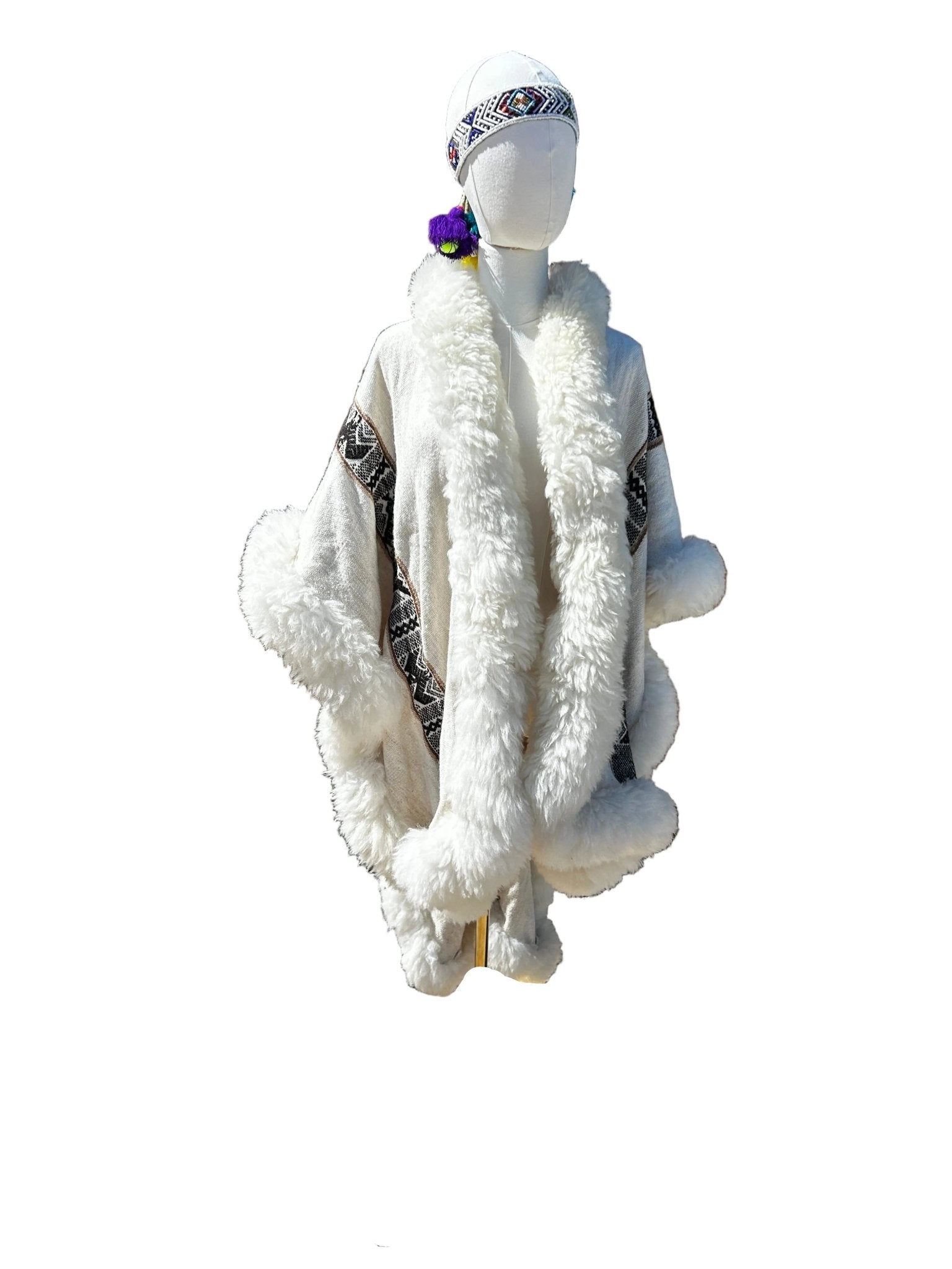 Handwoven Baby Alpaca Fur Trimmed Ruana - Katukina.US KAT6253